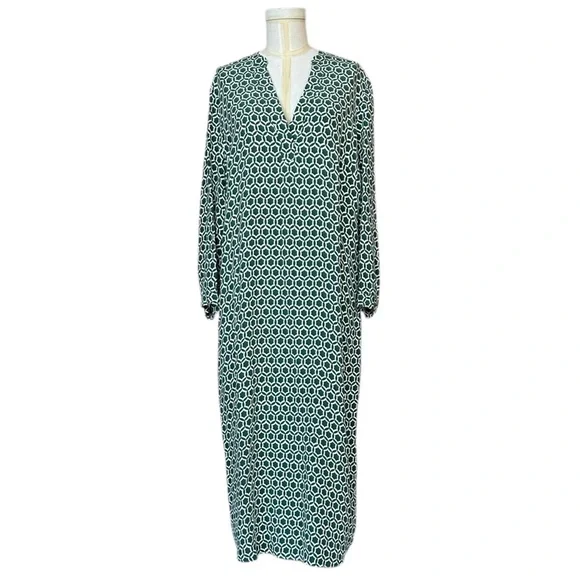 BODEN Tall Caftan Dress Green & White Geometric Patterned Tunic Dress Size 12L - Picture 1 of 10